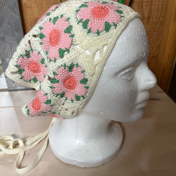 Accessories - Handmade Crochet head scarf bandana head kerchief pink floral